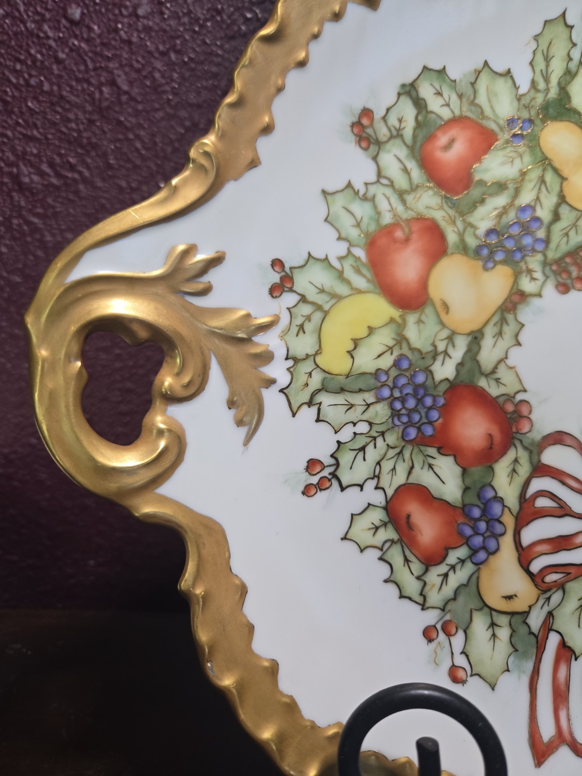 Hand Painted Ceramic Fruit Holly Berry Handled Platter Heavy Gold Trim Signed