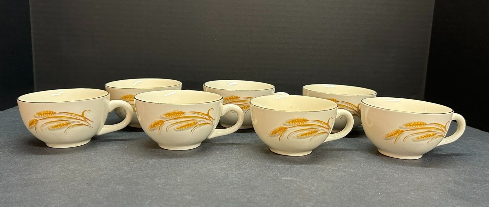 Vintage Homer Laughlin Golden Wheat Tea Coffee Cups 22K Gold Trim Set of 7