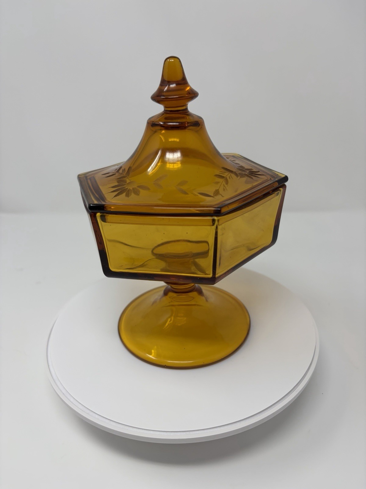 Vintage Amber Hexagon Covered Candy Dish Pedestal Compote Etched Glass MCM