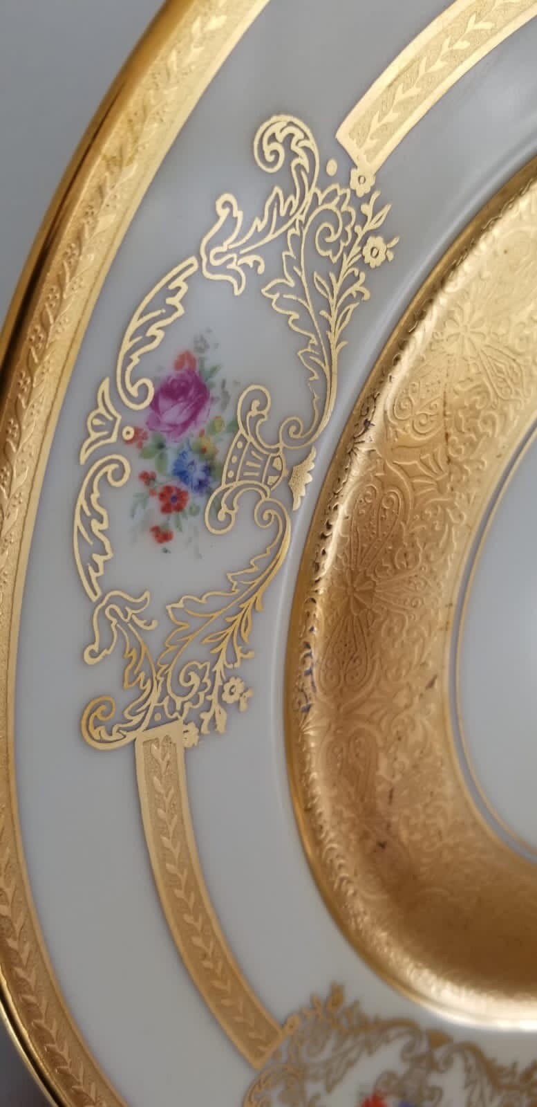 Set Of 12 Bohemian Gilt Porcelain Czeck Dinner Plates e/ Floral Design D 11”
