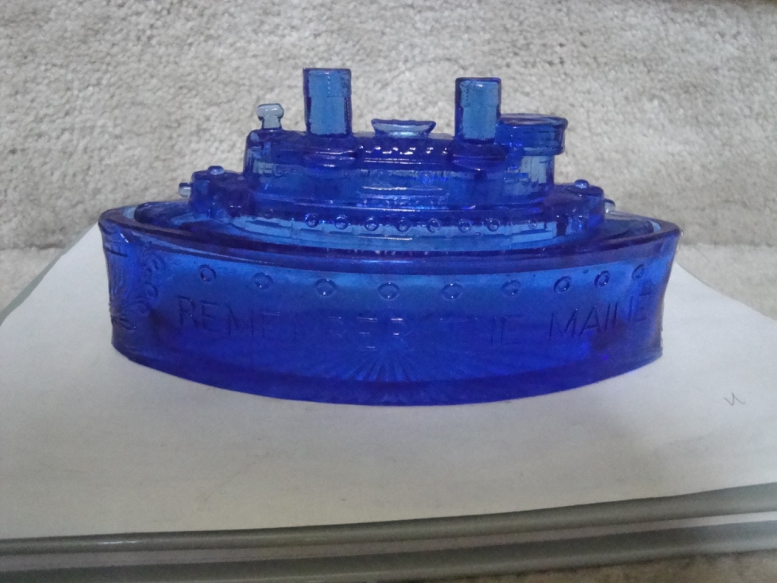 Vintage McKee Remember The Maine Cobalt Blue Battleship Lidded Candy Dish !