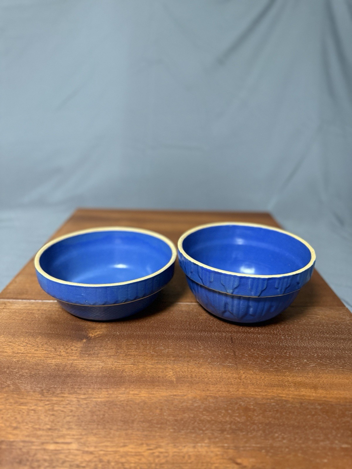 Set of 2 Blue Glazed Stoneware Bowls Rustic Ceramic Mixed Sizes Marked