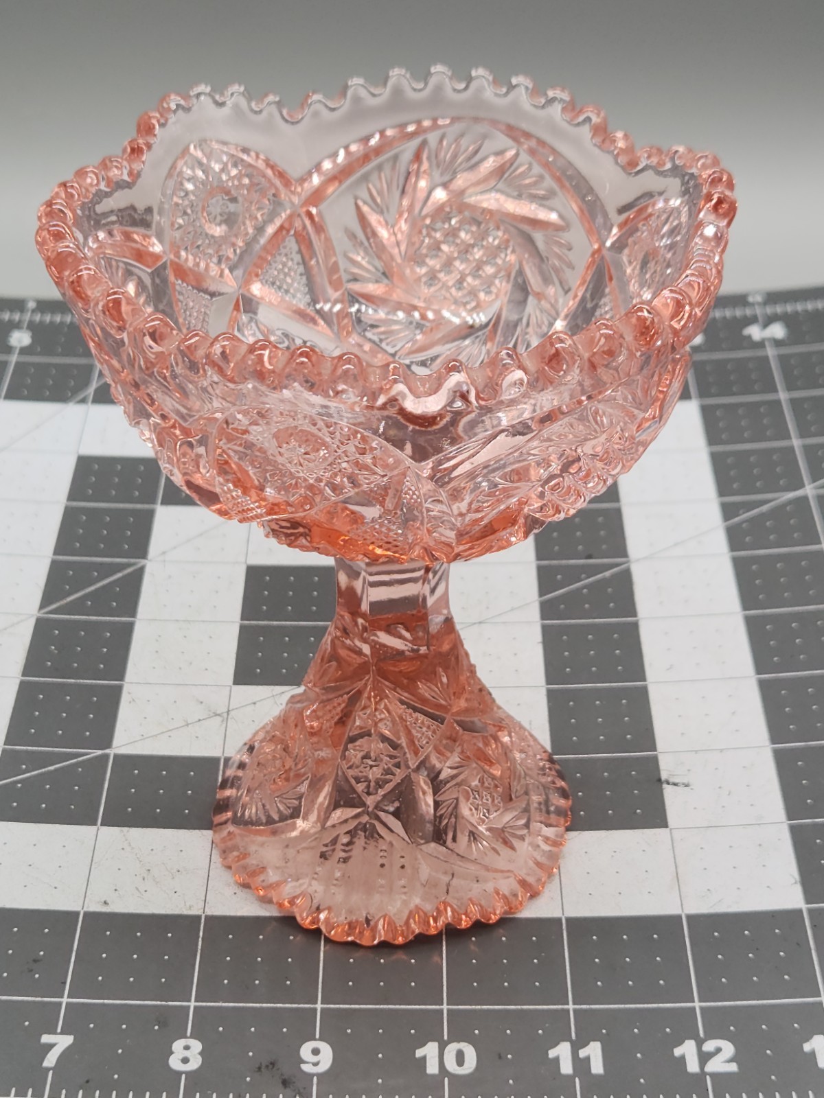 Aztec Heritage Carnival Glass Whirling Star Pedestal Compote Sawtooth Rim Pink