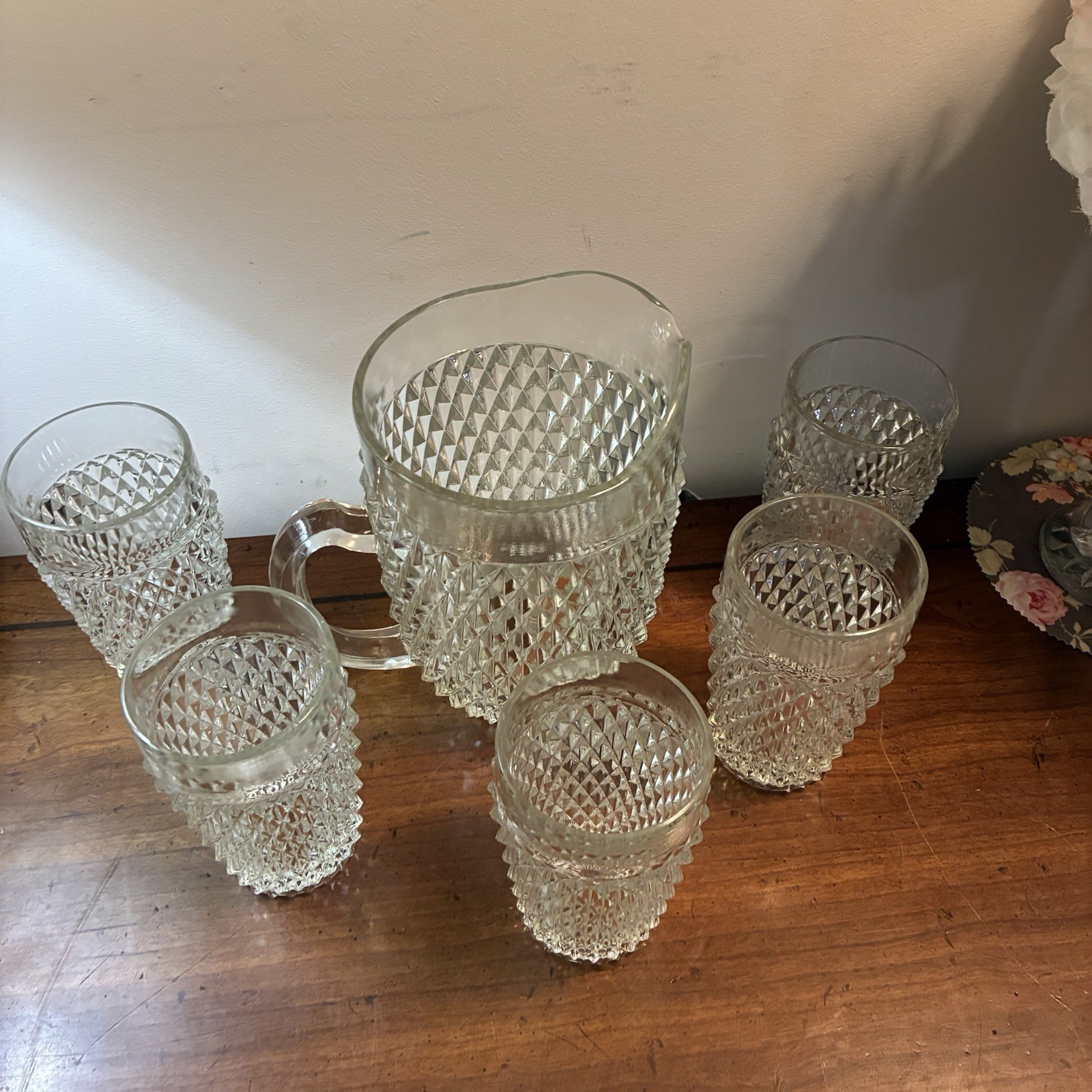 Vintage Indiana Glass Co. Pitcher Clear Diamond Point 52 oz+5 Glasses Water Tea