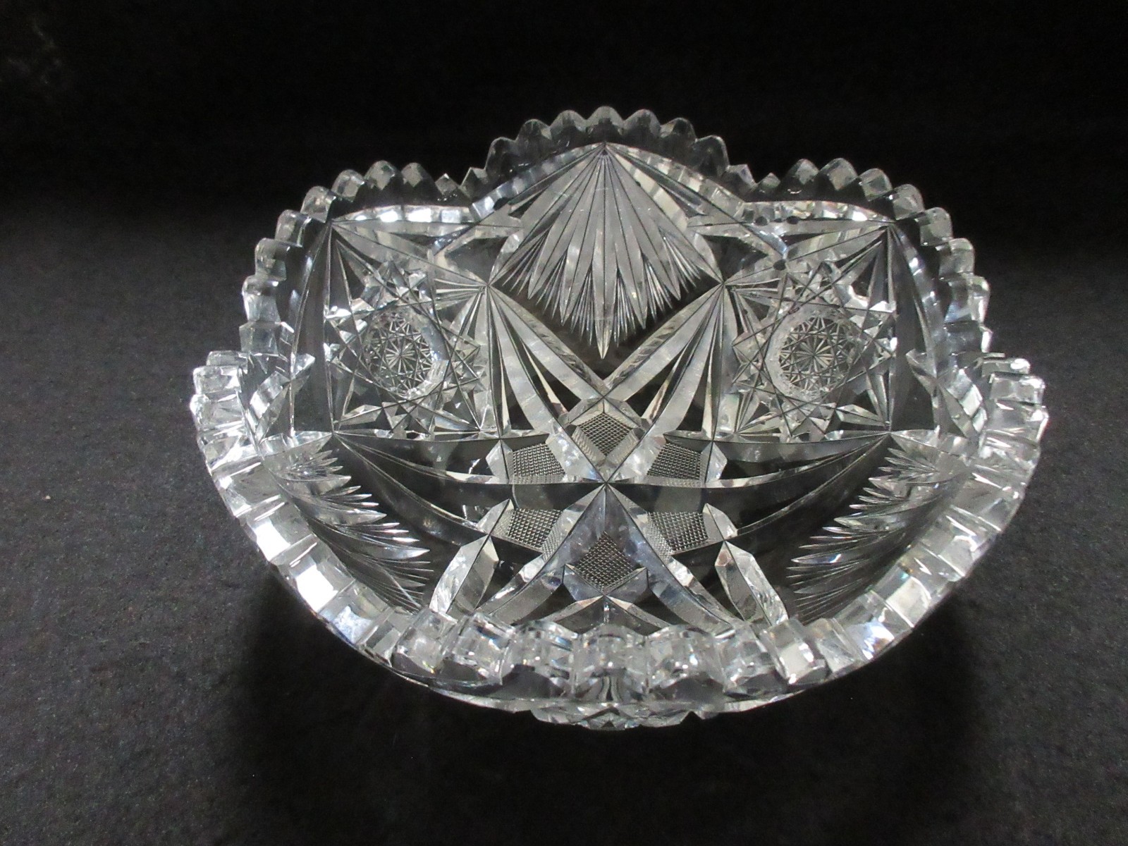 American Brilliant (ABP) Heavy Cut Glass 7” Star/Fans/Hobstars Center/Fruit Bowl