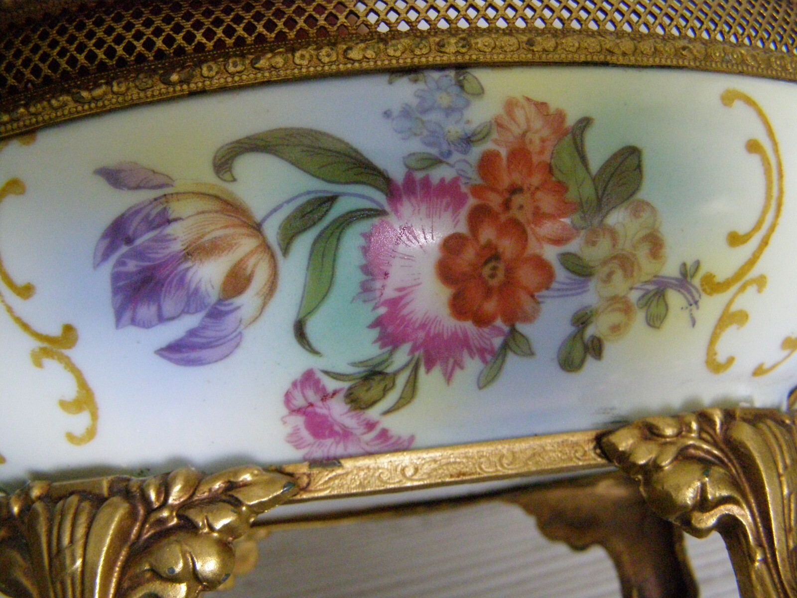 Antique Karlovy Vary Porcelain Serving Dish Gilt metal base bottom stamped #23