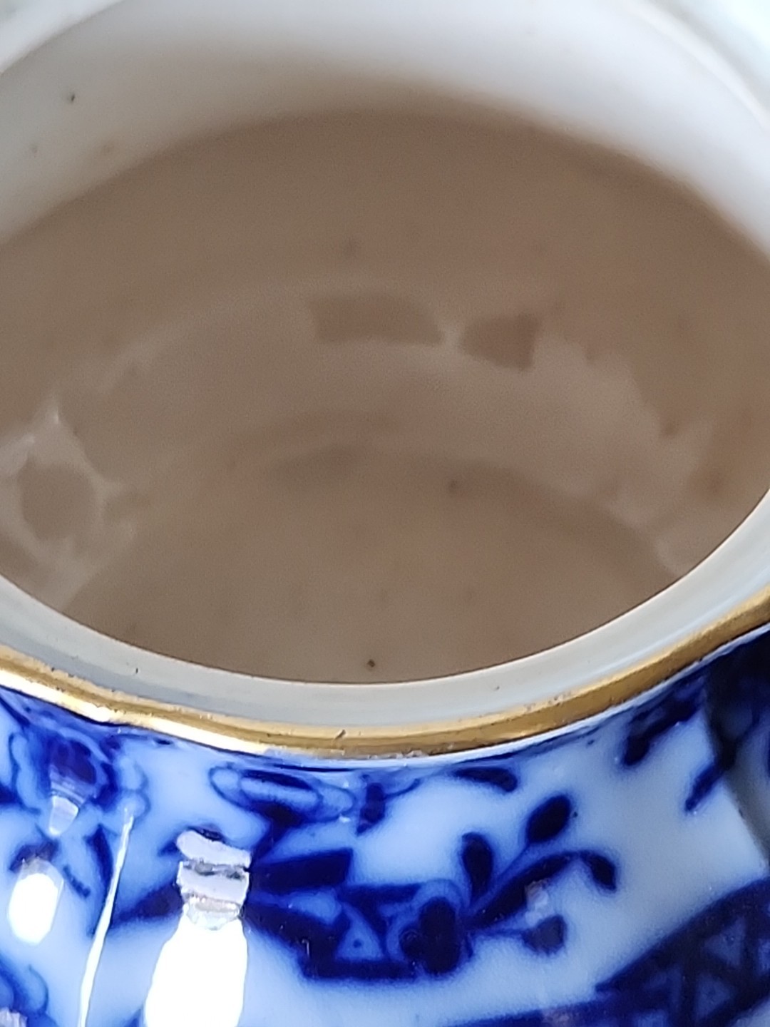 Rare Flow Blue Sugar Creamer And Bowl Trio Set Asian Motif Gold Band