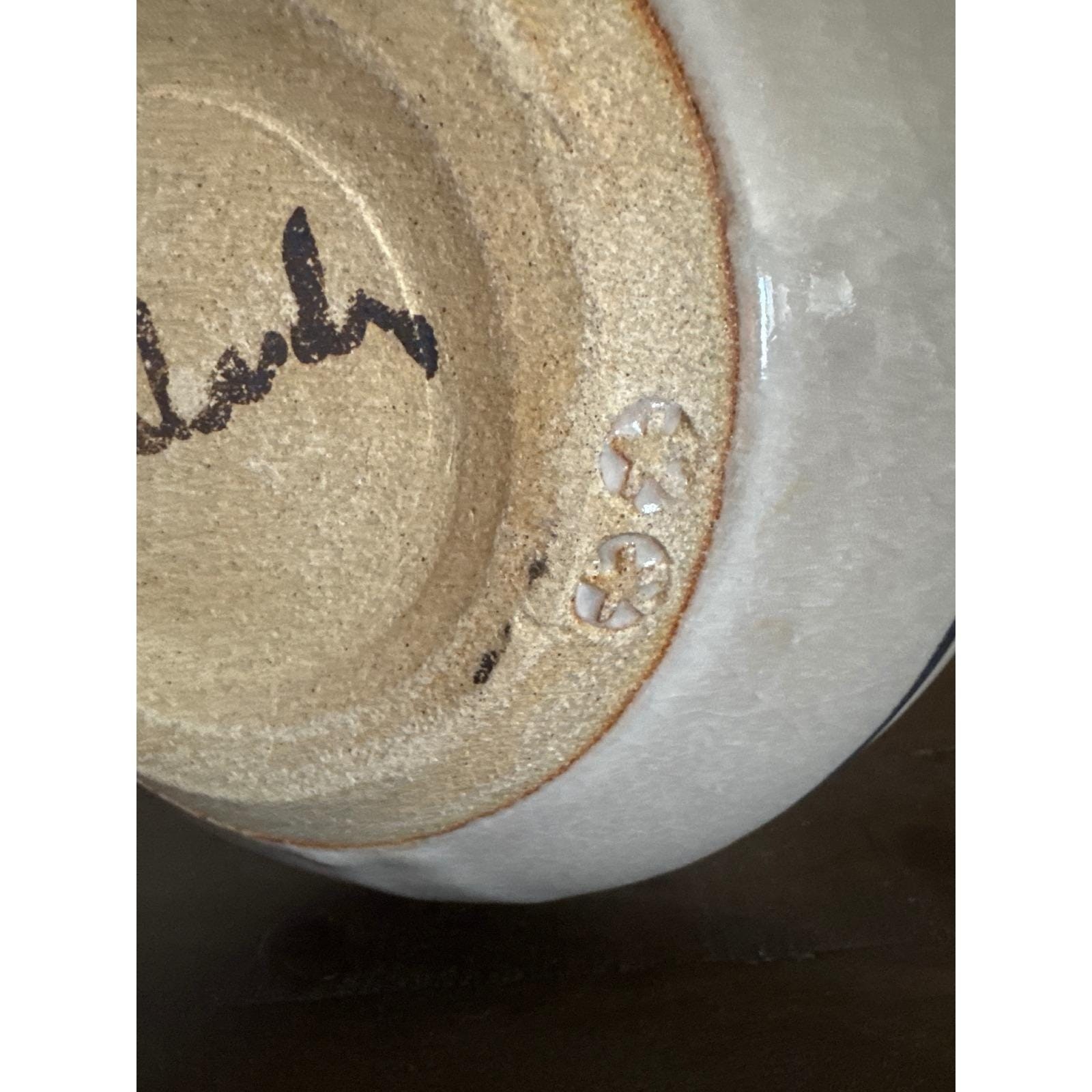 John Fassbinder Studio Pottery Signed Stoneware Bowl Blue Tan Banded Glaze 9in