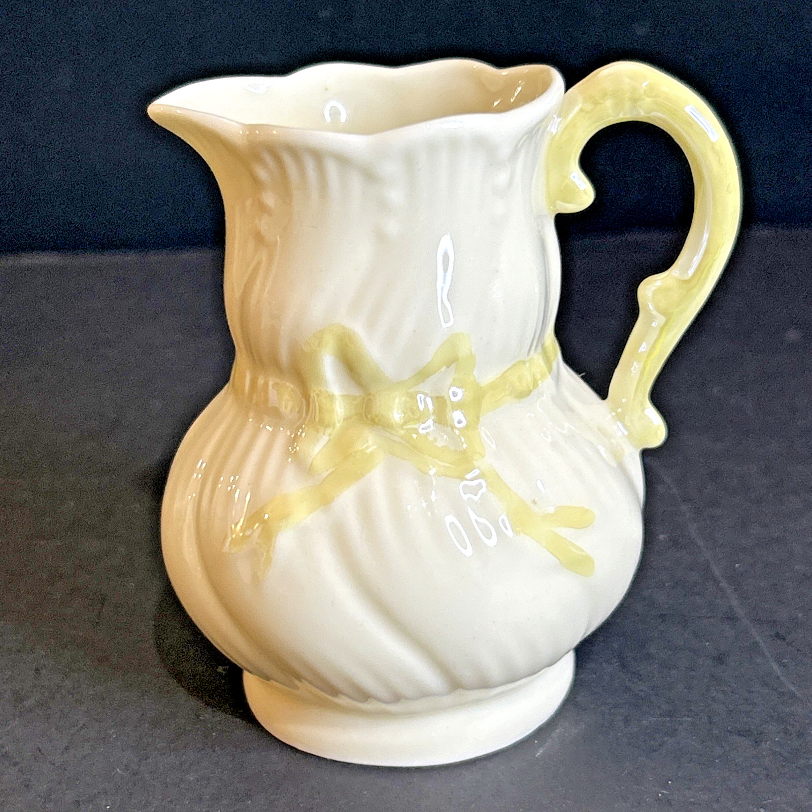 Belleek Ribbon Mini Creamer Pitcher 3.25” Irish Porcelain Yellow Bow
