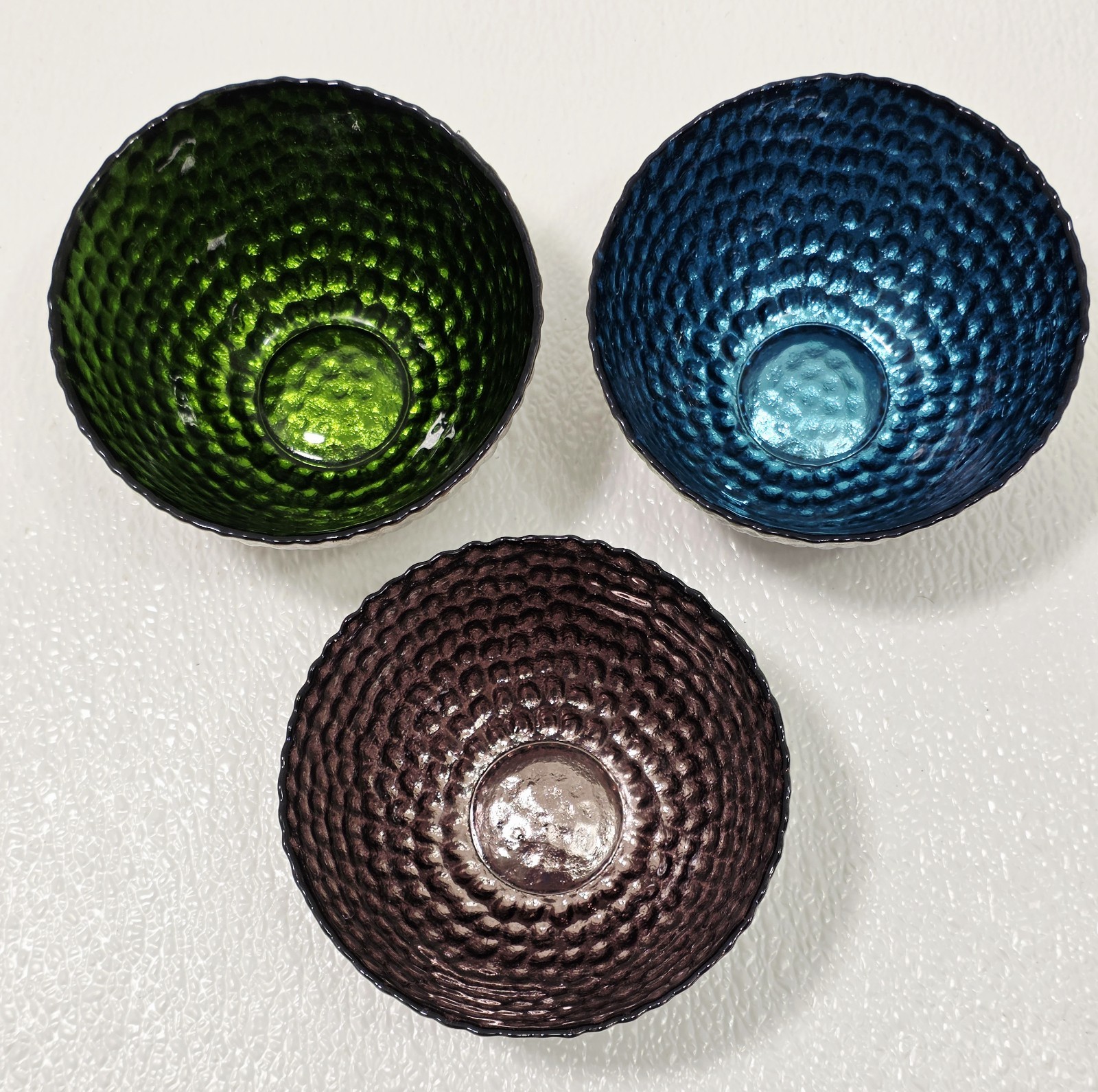 Vintage Textured Art Glass Dessert Bowls Lot of 3 Blue Green Purple