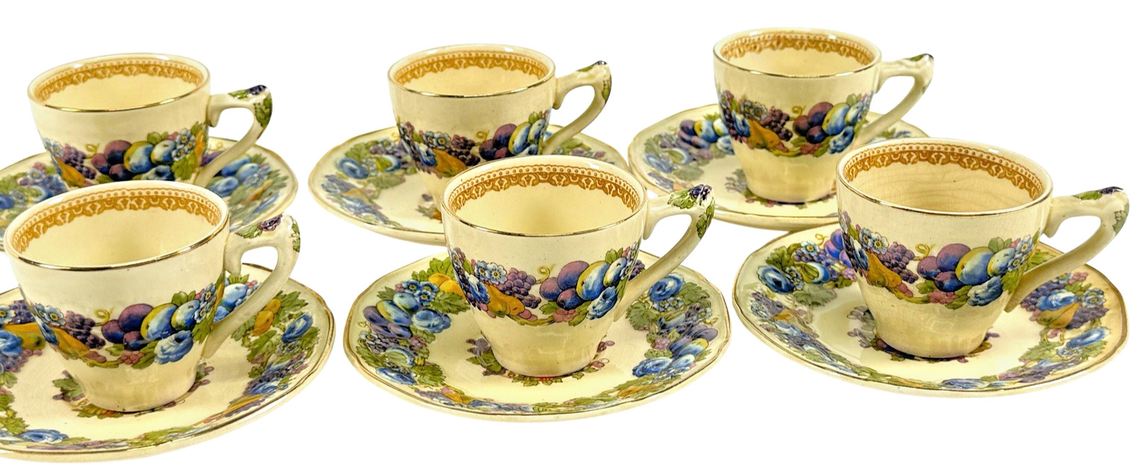 Vintage Crown Ducal Florentine Tea Set of 6 Cups & Saucers Made in England 1954