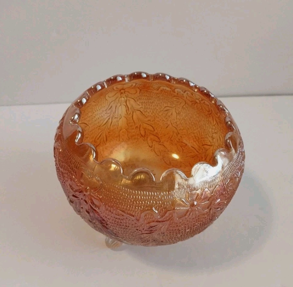 Fenton Marigold Carnival Glass Rose Bowl Garland & Bows 3 Toed