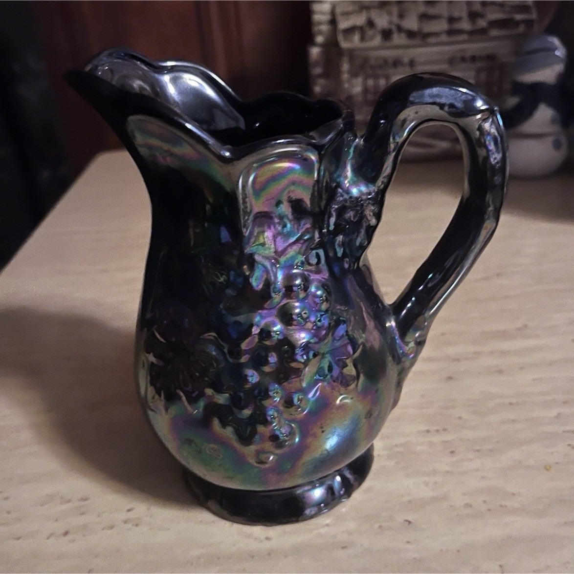 Black Iridescent Carnival Glass Ceramic Pitcher with Grape Vine Pattern