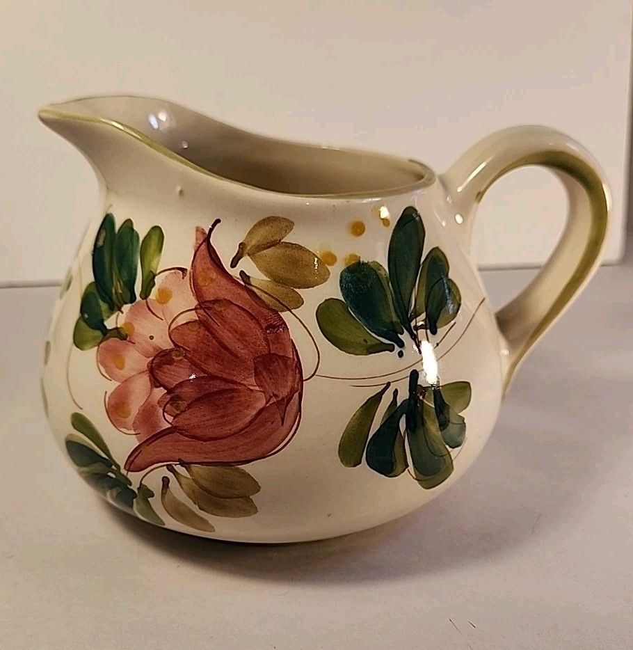 Secla Portugal Pottery Squat Pitcher Hand Painted Floral Vtg Cream Red Green