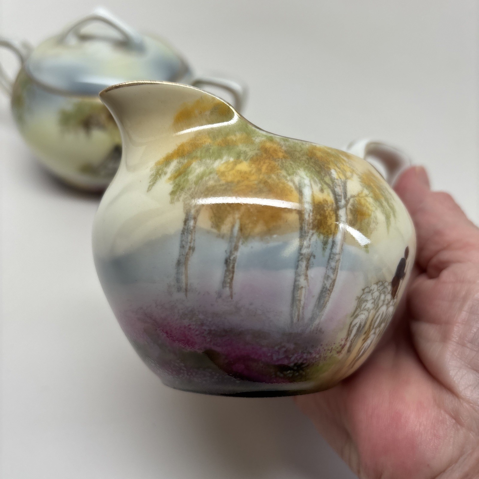 Antique RS Prussia Rare Sugar Creamer Cottage Barn Motif