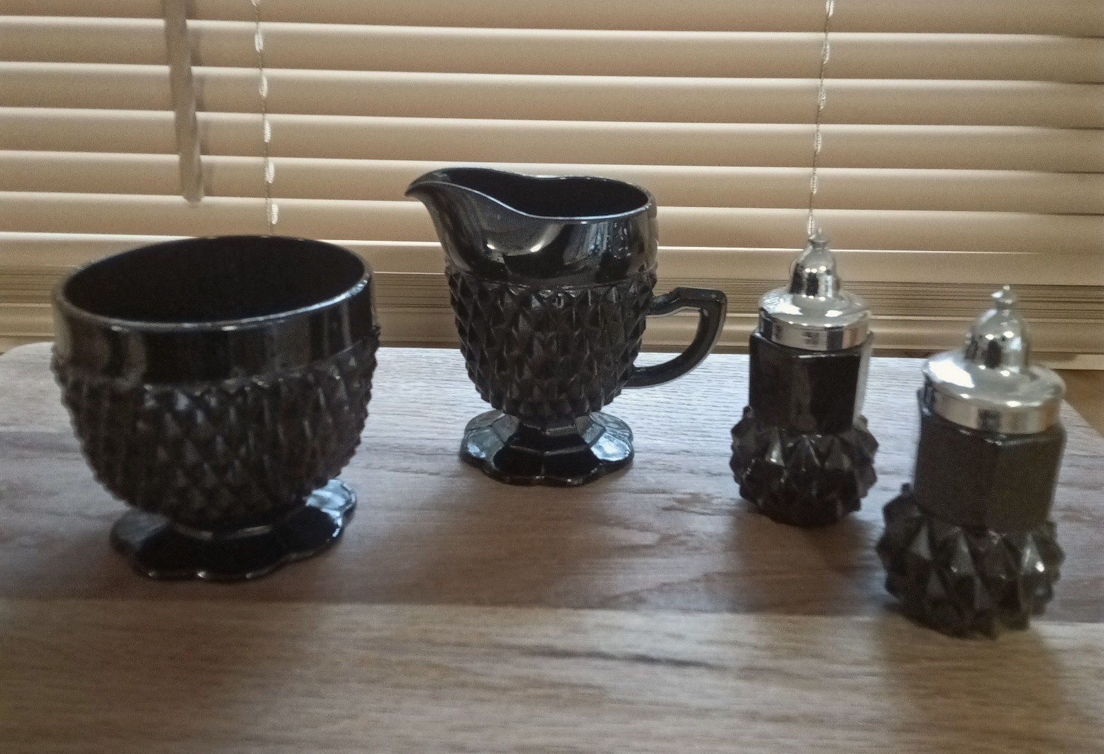 Indiana Glass Black Diamond Cameo Tiara Creamer/Open Sugar Bowl/Salt & Pepper