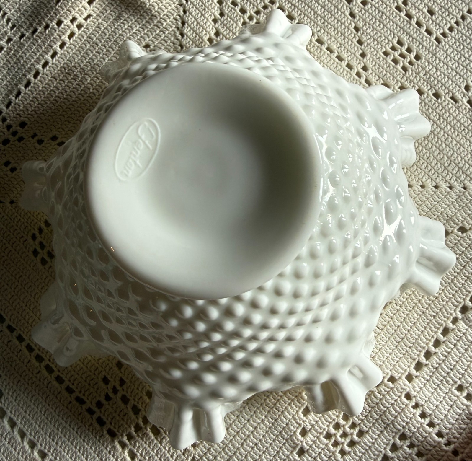 Vintage Fenton Hobnail White Milk Glass Bowl with Ruffled Edge 9″
