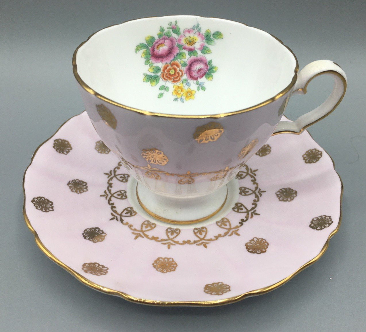 Grosvenor Teacup & Saucer Banded Pink & Gold Floral England Bone China Vintage