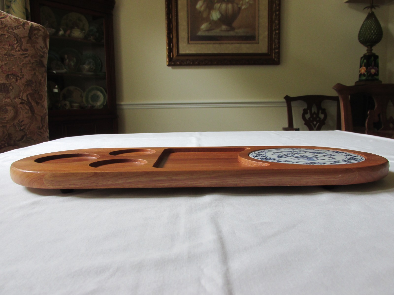 Vtg Ftd Dolphin Gourmet BLUE DANUBE Porcelain on Wood Charcuterie Tray 19 1/4″