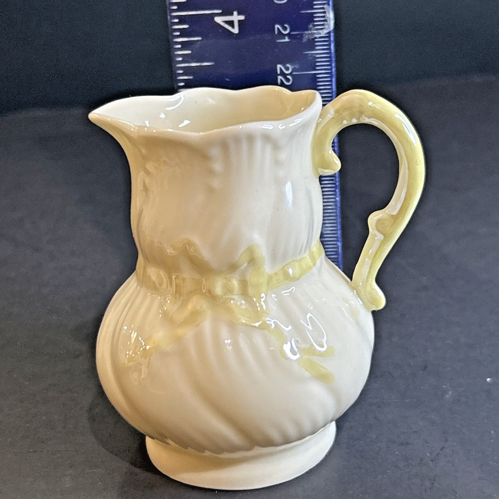 Belleek Ribbon Mini Creamer Pitcher 3.25” Irish Porcelain Yellow Bow