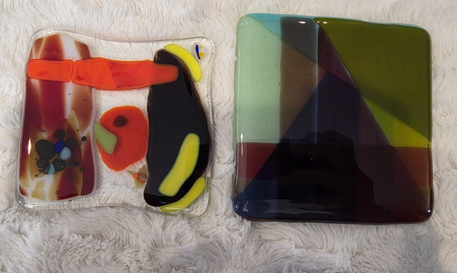 2pc Vintage Mid Century Fused Glass Abstract Art Squares