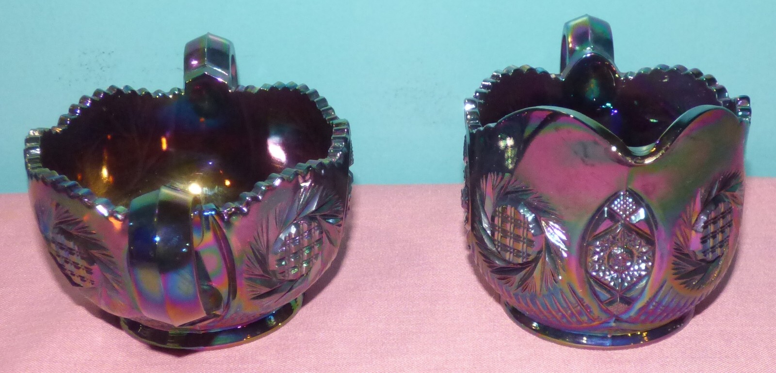 L.E. Smith Amethyst Carnival Glass Creamer and Sugar Bowl Set – Sunburst Pattern