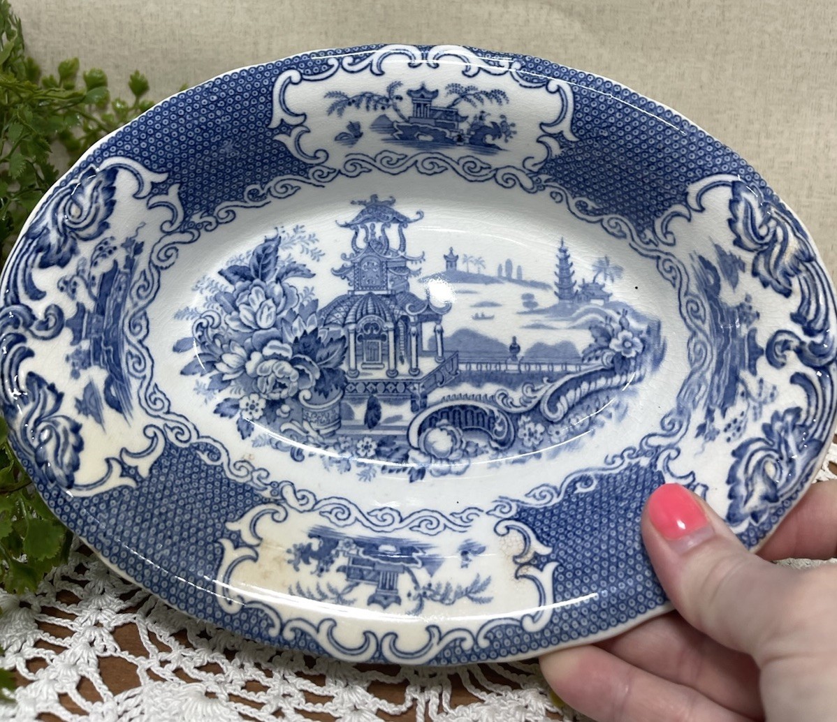 Allertons Chinese Blue Oval Serving Vegetable Bowl Pagodas 9 In OLD Back Stamp
