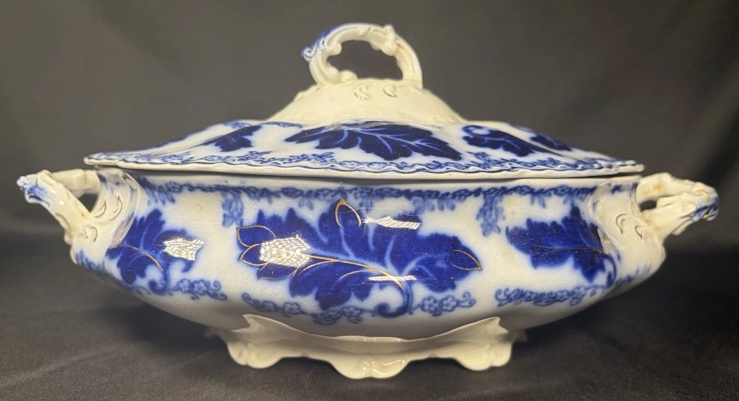 Antique Johnson Bros Normandy Flow Blue Oval Covered Vegetable Bowl Dish 11.5”