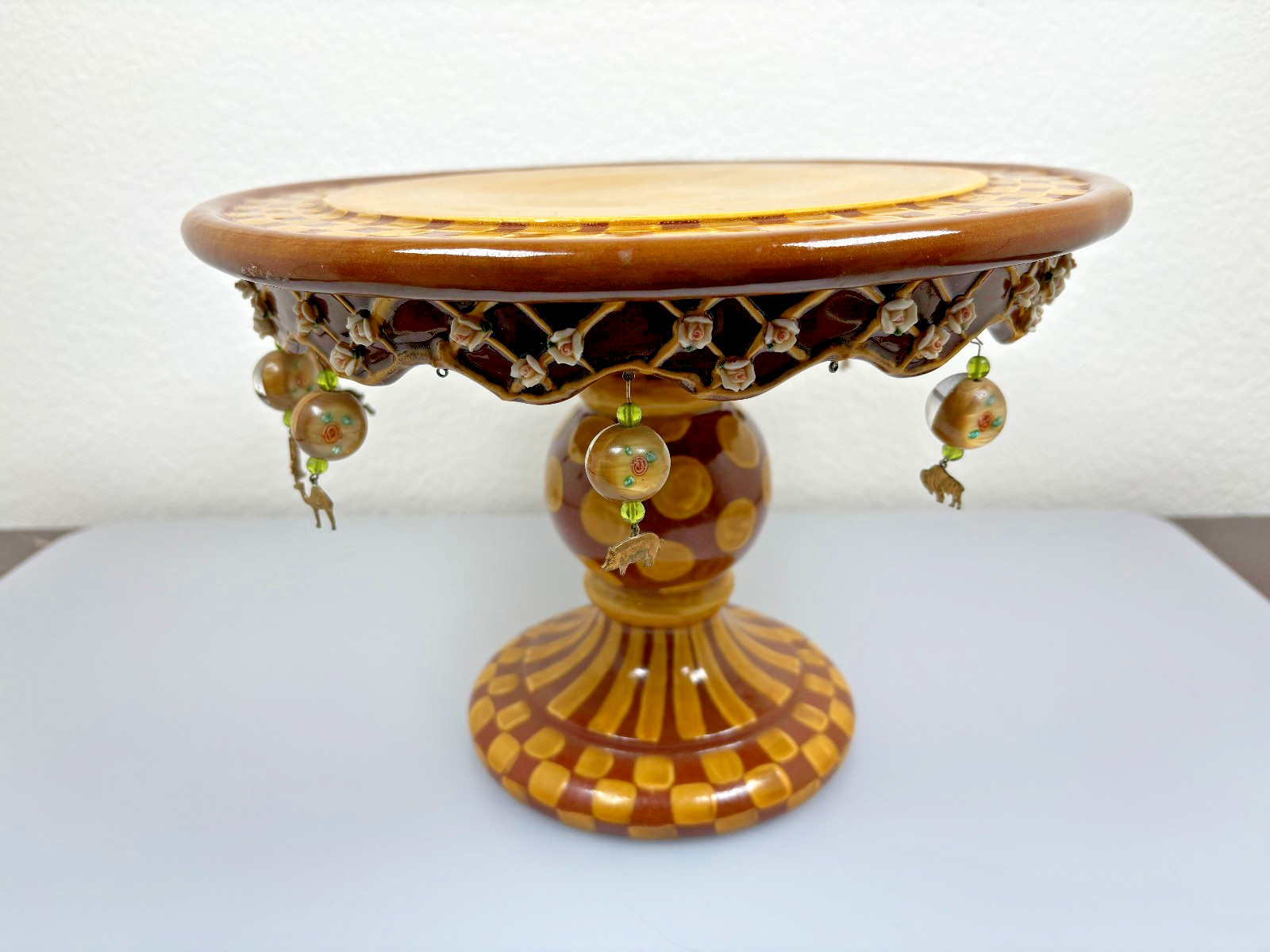 Mackenzie Childs Vintage Wittika Peanut Cake Stand Gold Animal Charms Roses