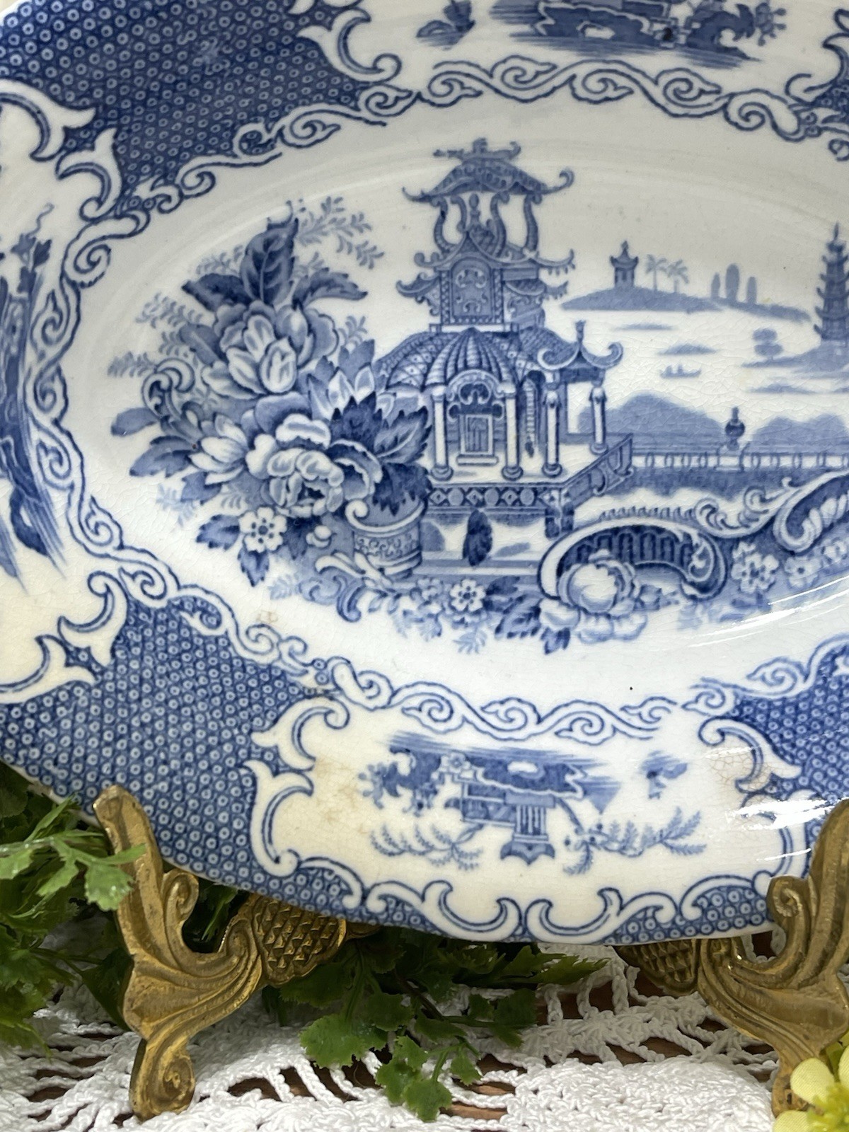 Allertons Chinese Blue Oval Serving Vegetable Bowl Pagodas 9 In OLD Back Stamp