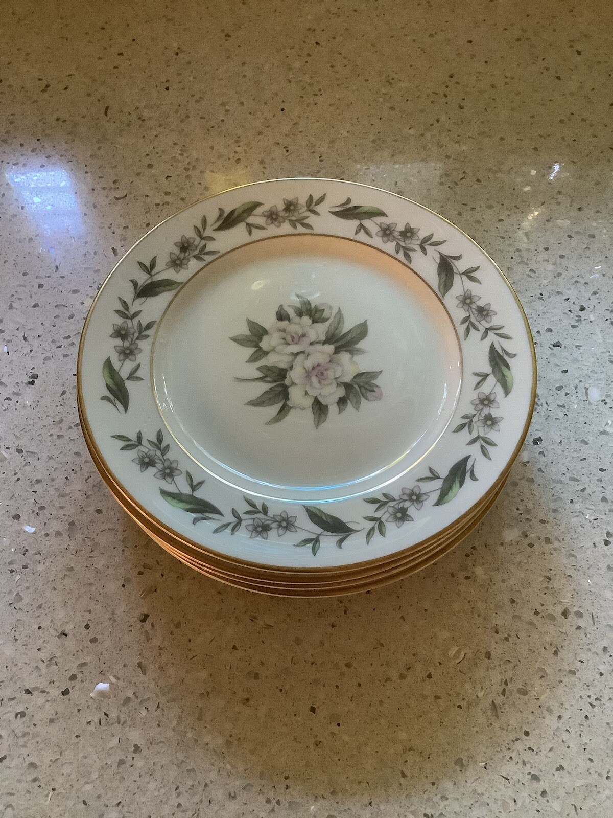 Set Of 5 Royal Jackson Fine China 6” GARDENIA”Bread/ Dessert Plates, Gold Trim