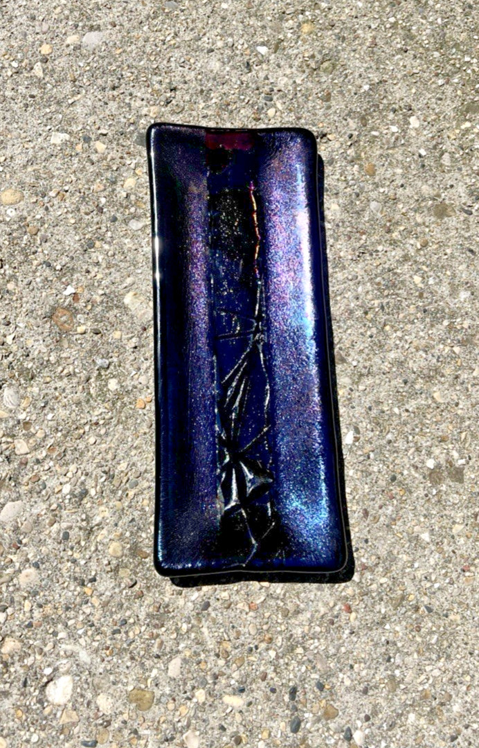 Kurt McVay Art Glass Fused Iridescent Tray / Trinket Dish Signed KM 7.9” x 3.25″