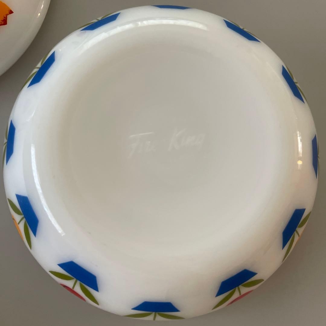 Fire-King 15oz Tulip Bowl Printed Milk Glass Ware Set of 2 Retro Excellent