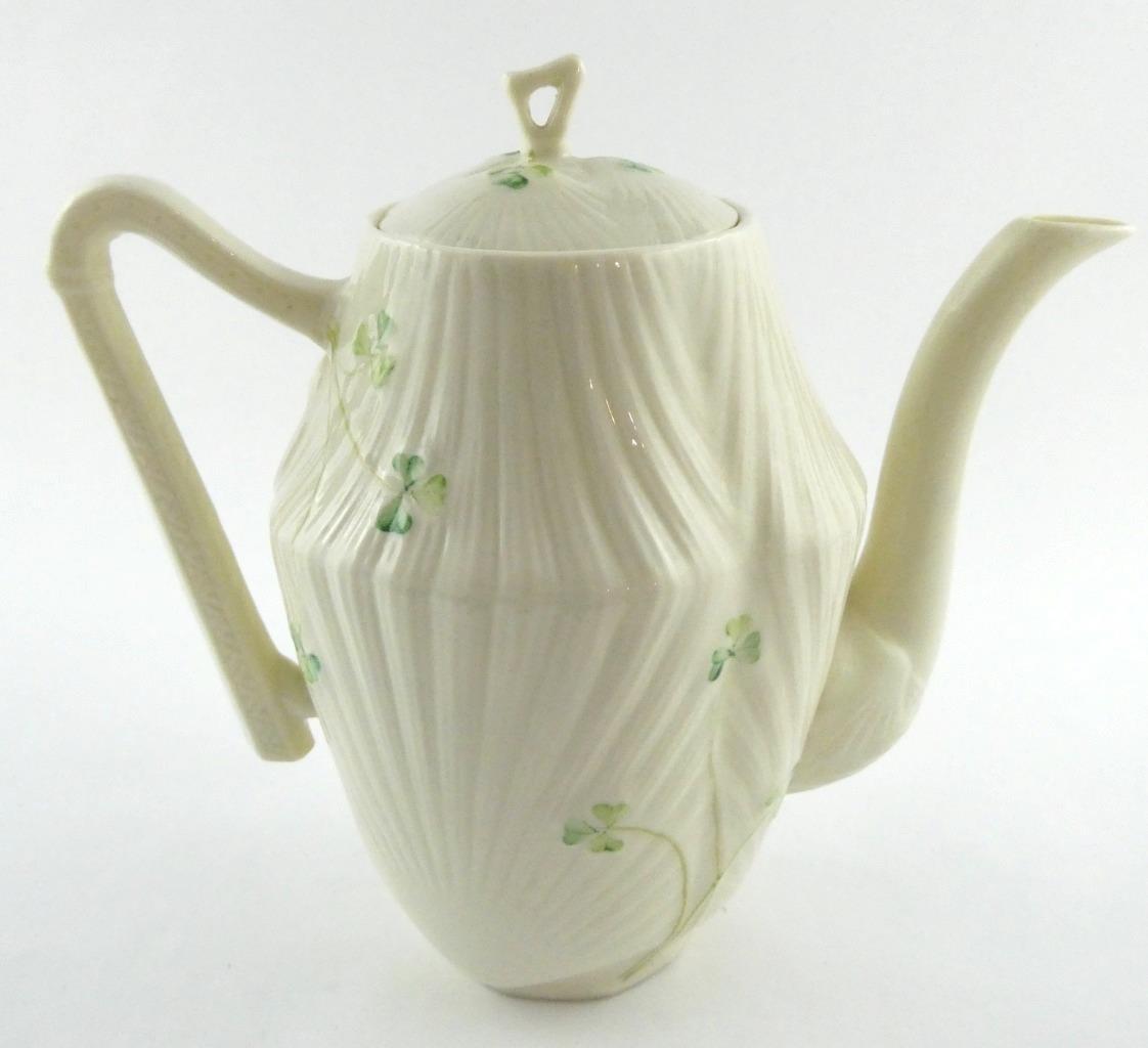 Belleek Ireland Pottery Harp Shamrock Coffee Pot with Lid