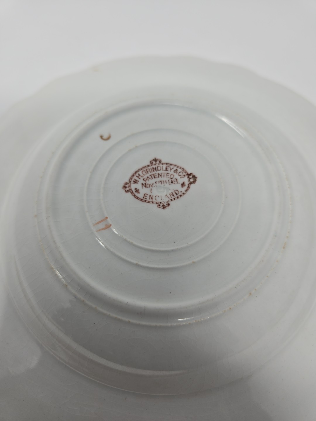 Antique W.H. GRINDLEY Cyril Pink Floral Scalloped Embossed Edge Bowl 8.5″ 1899