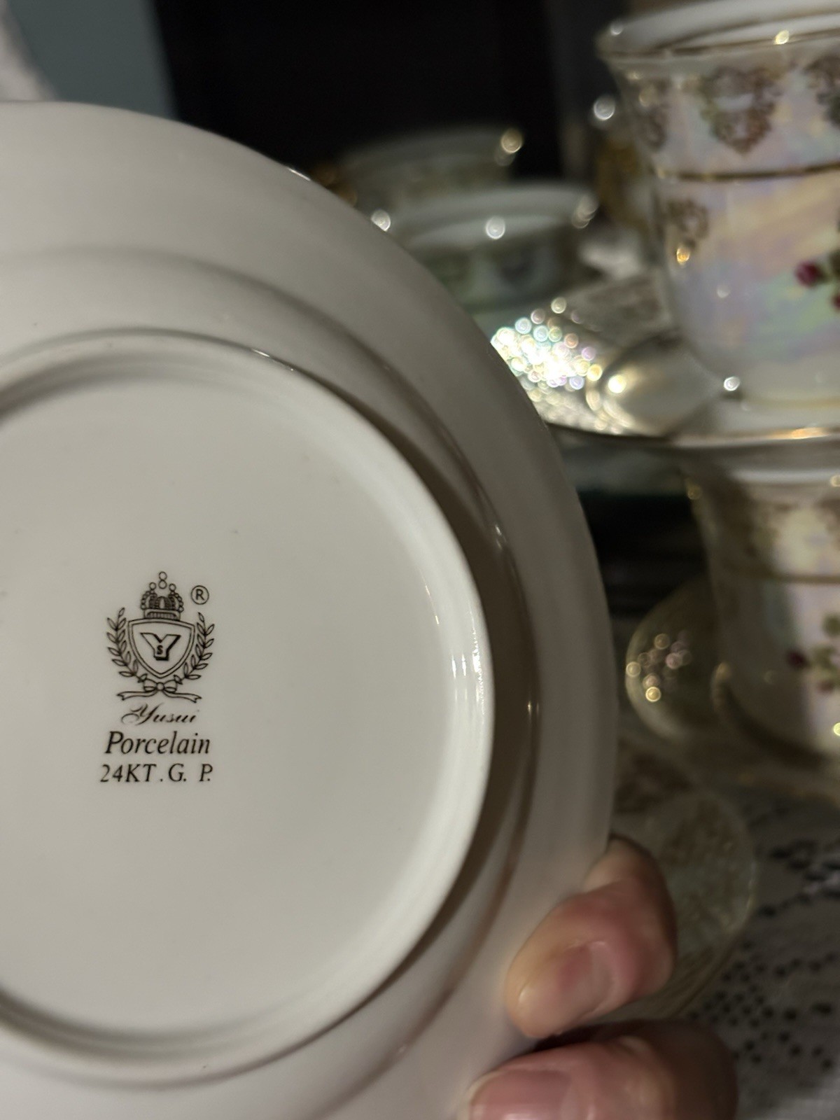 Yasui Porcelain 24KT Gold Plated Floral Cup & Saucer Set White Pink Green