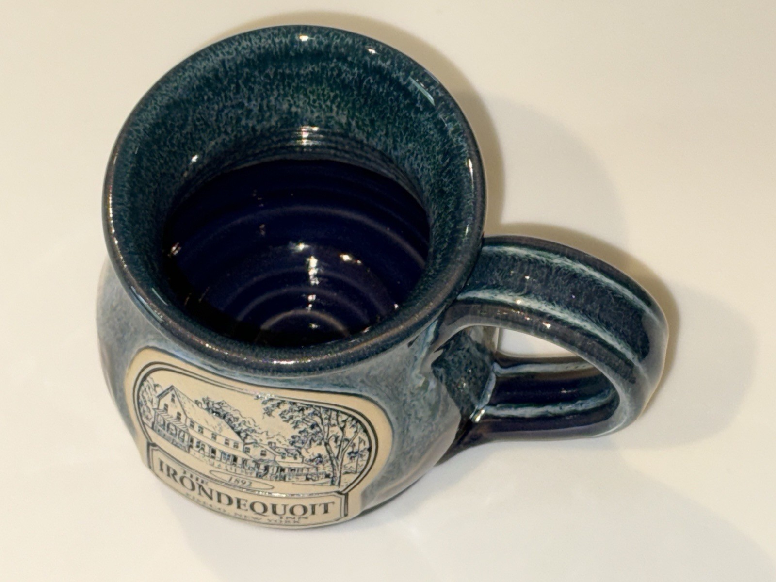 Irondequoit Inn Piseco NY Coffee Cup Mug Deneen Studio Pottery Blue Drip EUC