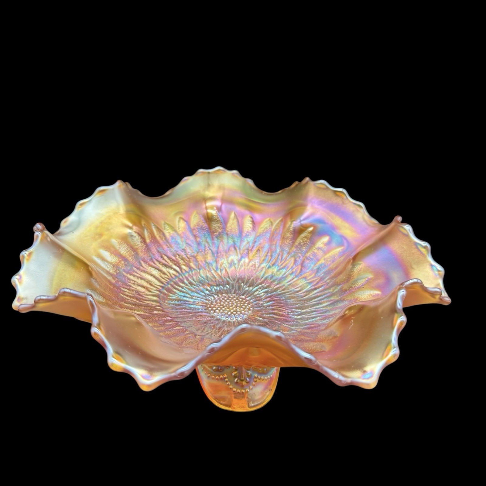 Northwood Pumpkin Marigold Sunflower Spatula Ftd Carnival Glass Master Bowl 9”