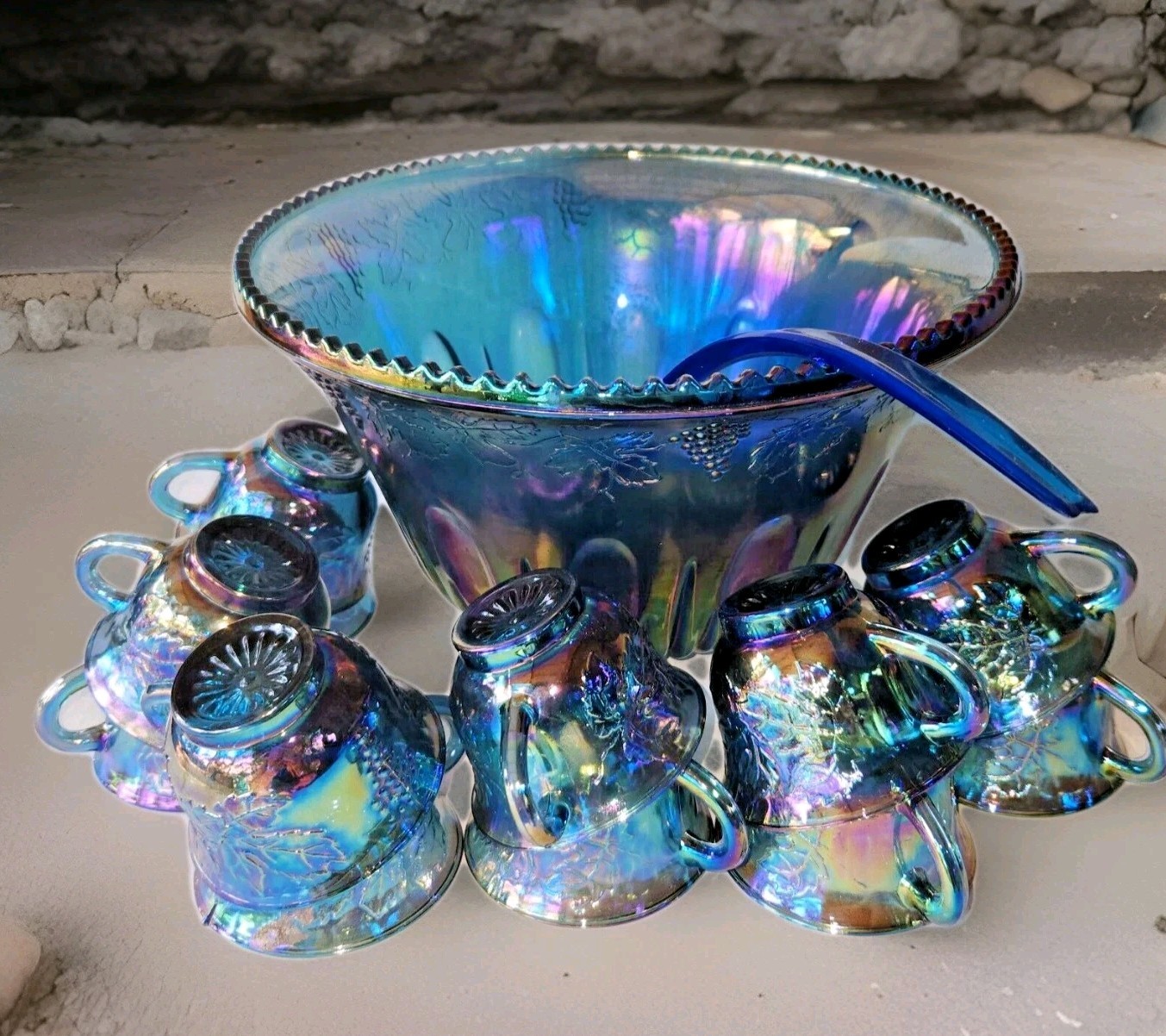 Vintage Indiana Glass Grape Harvest Punch Bowl Set Princess Blue Iridescent 14pc