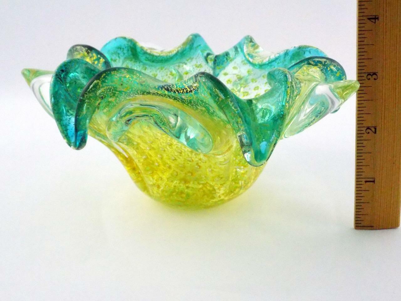 Italian Art Glass Polished Base Controlled Bubble Flower Bowl Green Blue V GOOD