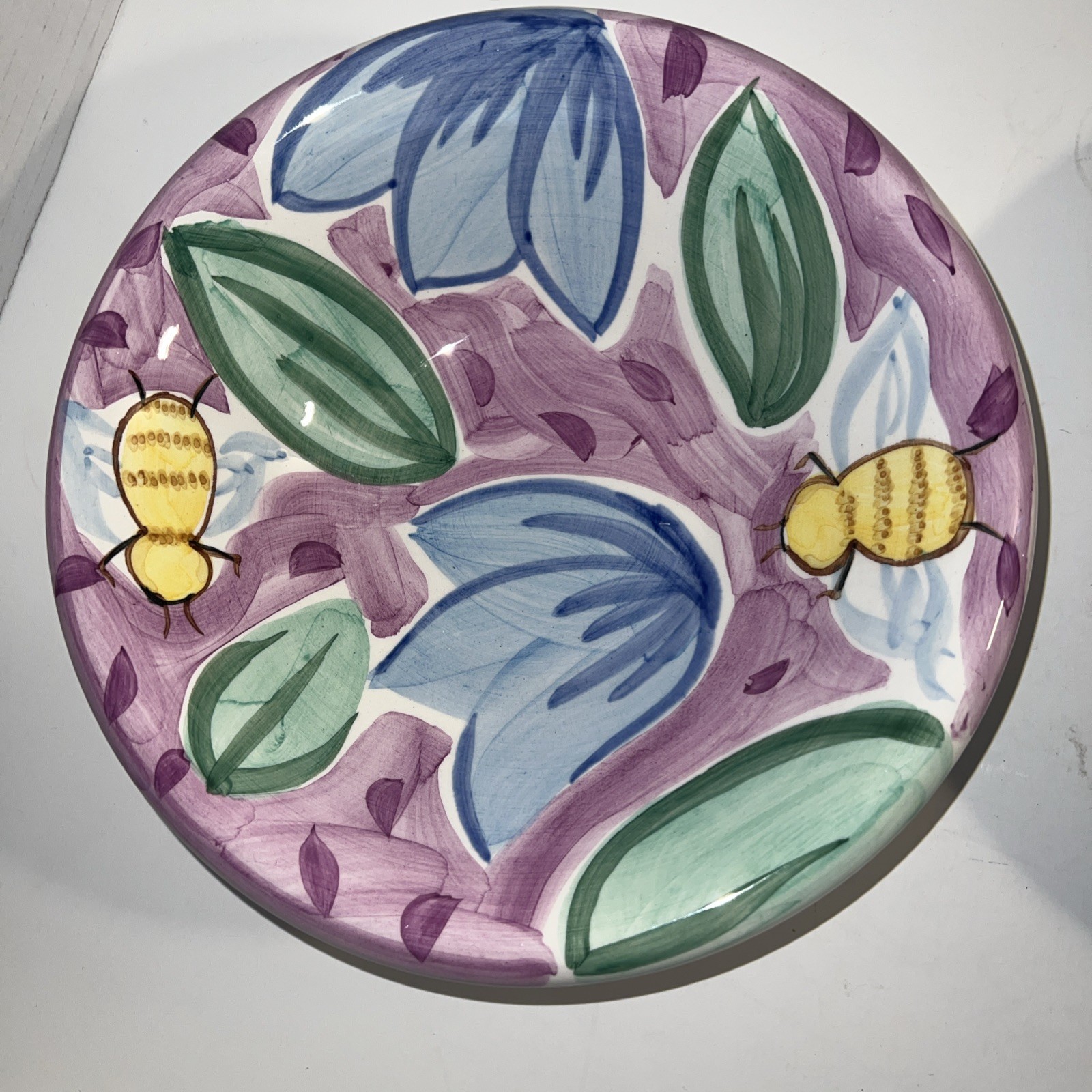 Bella Ceramica Soup Salad Serving Bowls Purple Flowers Bee 8.75”D Set Of 2