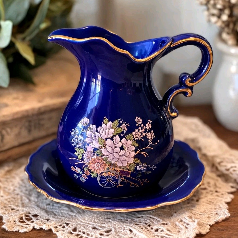 Vintage Cobalt Blue Porcelain Creamer Pitcher Gold Trim Floral w Saucer
