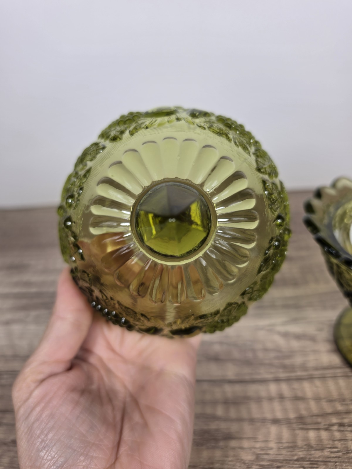 Vintage Olive Green Indiana Glass Harvest Grape Covered Candy Dish Pedestal Bowl