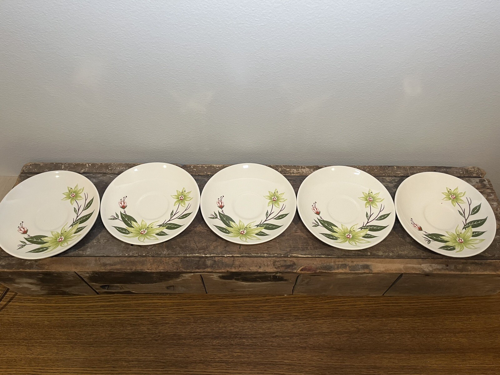 Vintage Homer Laughlin Rhythm Desert Lily Pottery Saucers Green Flowers 1952 MCM