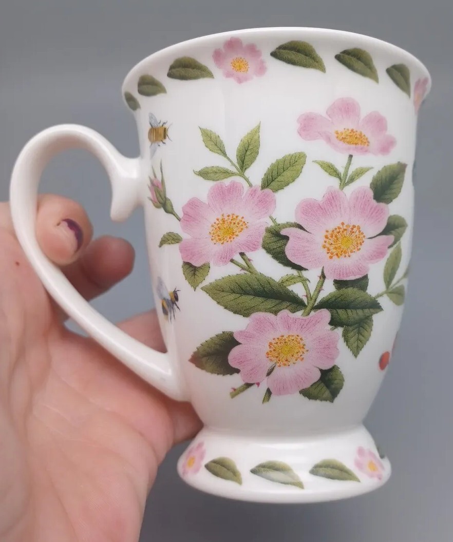 Kent Pottery Pedestal Mug 8oz Pink Flowers, Butterfly And Bumble bee