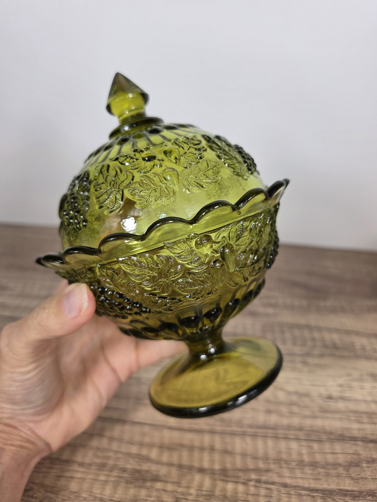 Vintage Olive Green Indiana Glass Harvest Grape Covered Candy Dish Pedestal Bowl