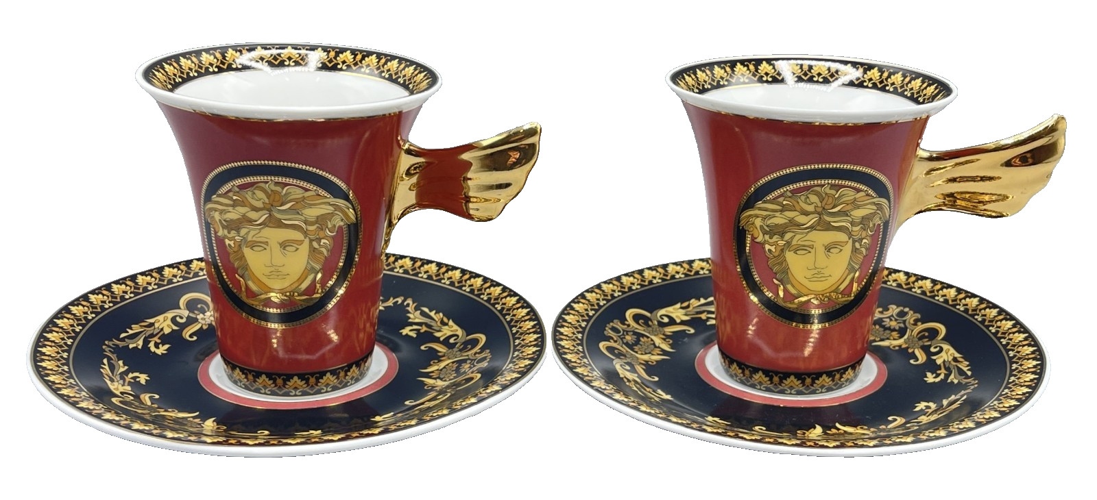 Pair Of Rosenthal Versace “MEDUSA RED” TALL CUPS & SAUCERS (ITALY DESIGN)