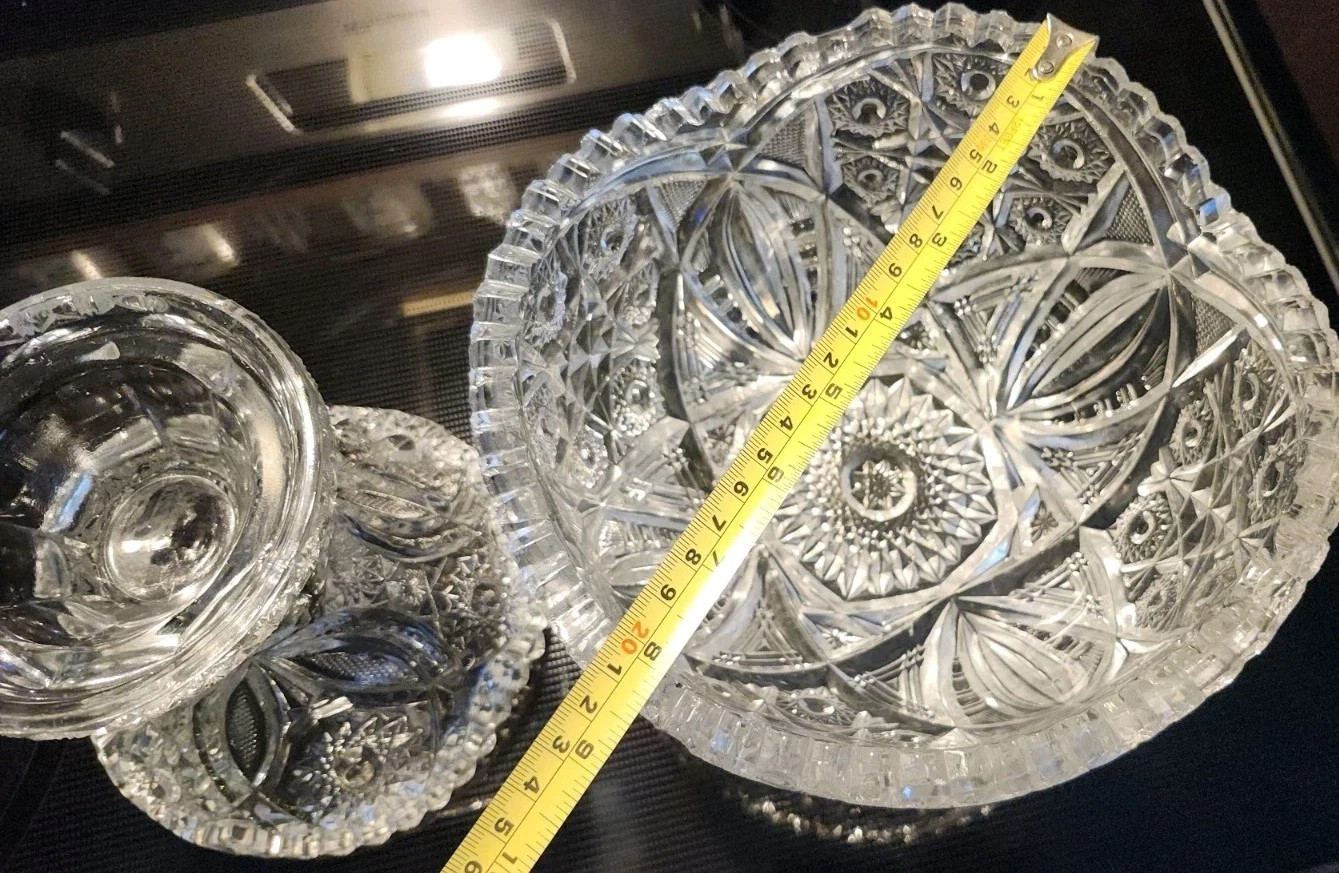 Antique Brilliant Cut Crystal Glass Eggnog Centerpiece Bowl 2 Piece Vintage