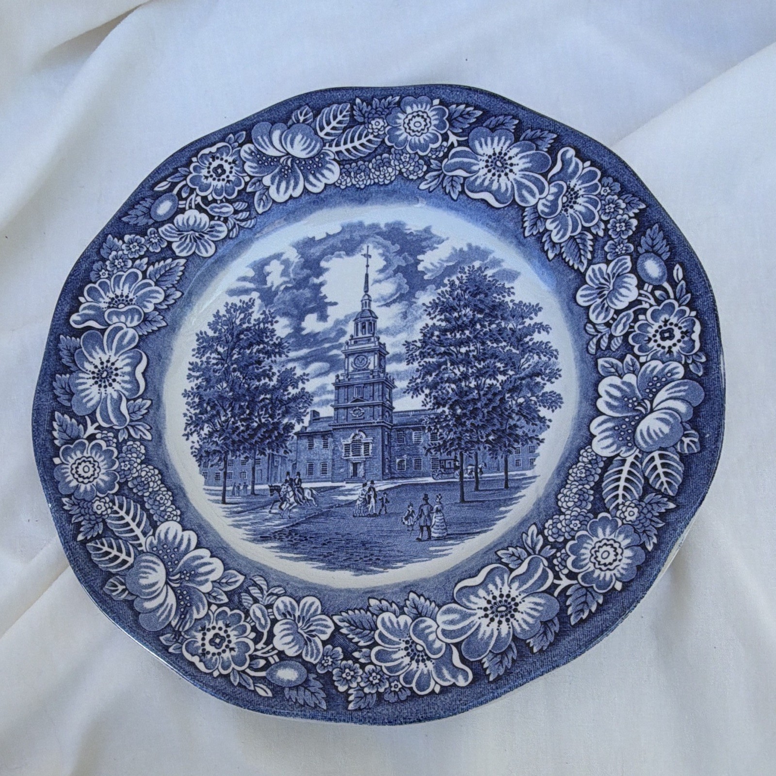 Blue & White Pottery Decorative Ceramic Plate Floral Border Building Scene