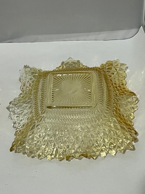 Vintage Yellow & Orange Diamond Point Sawtooth Square glass Candy Dish Bowl set